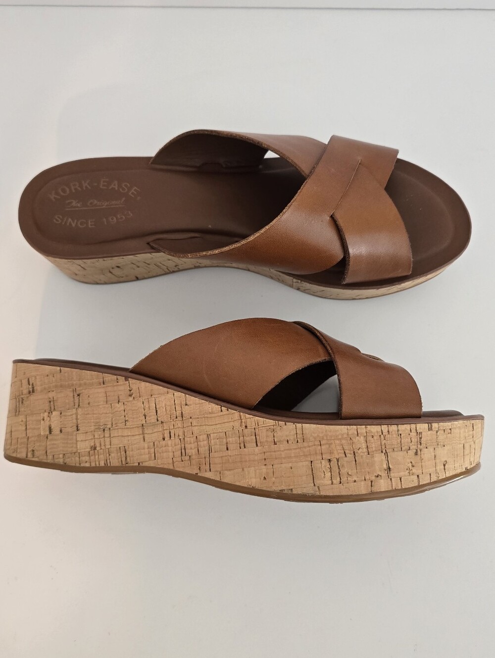 Kork-Ease Brown Leather Cork Wedge Slide Sandals